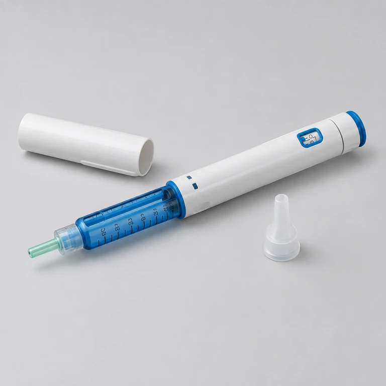 White and blue disposable peptide pen with removable cap and protective tip